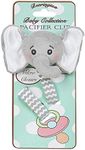 Bearington Collection Baby Pacifier Holder Clip for Baby Girls & Boys | Lil’ Spout Plush Gray Elephant Binkie & Paci Clip | Non Silicone | Satin Leash, Strap, & Binky Clip