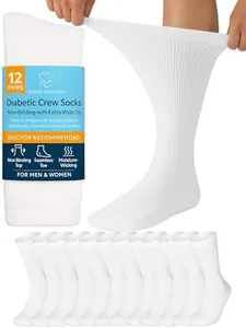 Special Essentials 12 Pairs Cotton Diabetic Socks for Men & Women - Non-Binding Extra Wide Top Neuropathy Socks - Crew Socks White 9-11
