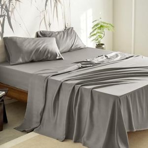 Wake In Cloud - 100% Bamboo Sheets, Ultra Soft Sheet Set Bedding for Hot Sleepers, Deep Pocket, 4 Pieces, Grey, Queen Size