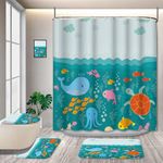 GRIEKOWE 4 Pcs Lovely Cartoon Sea Creatures Fabric Shower Curtain for Kids with Non-Slip Rugs, Whale Turtle and Fish Bathroom Decor Curtain for Girls and Boys Fabric Polyester Waterproof 72 * 72in