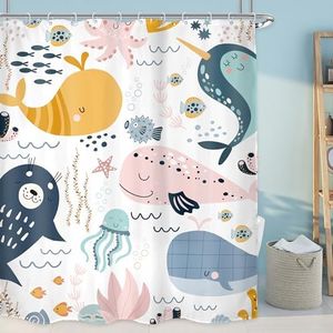 LGhtyro Cartoon Whale Shower Curtain Bathroom Set 60Wx71H Inches Kids Fish Baby Ocean Animals Underwater Sea Boys Girls Child Bath Accessories Coral Plant Jellyfish Art Home Decor Fabric 12 Pack Hooks