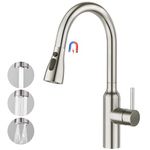 CREA High Arc Kitchen Sink Mixer Tap with Pull Out Spray, Single Lever Kitchen Tap, High Pressure Sink Tap with Magnetic 3 Functions 360° Swivel Extendable Spout Brushed, Stainless Steel UK Standard