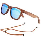 An Swallow Mens Wooden Sunglasses Polarised for Men Women, Womens Wood Sunglasses Bamboo Case with Strap (Walnut Wood, Blue Lens, Round Wood Case)
