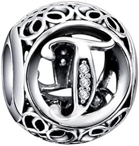 BEEUVIP Ciondolo con Lettera T Dell'alfabeto in Argento Sterling 925 Charm Bead con A alla Z Pendente con Zirconia Cubica Compatibile con Pandora e Europei Bracciale Collane da Donna