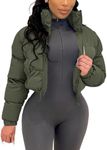 Gihuo Women's Cropped Puffer Jacket Zip Up Winter Short Quilted Jackets Bubble Coat (US, Alpha, Large, Regular, Regular, ArmyGreen)