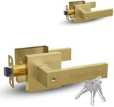 Mega Handles - ROBELL Entry Handle 2 Pack I Entry Lever Door Handle and Single Cylinder Deadbolt Lock and Key Combo Pack - Heavy Duty Square Locking Lever Set - Satin Brass - Pack of 2 - Keyed Alike