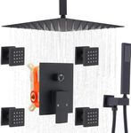 Enga 12 Inch Ceiling Mount Matte Black Shower System with Body Jets Bathroom Luxury Rain Mixer Shower Combo Set Ceiling Rainfall Shower Jets System Faucet Rough-in Valve and Trim Included