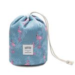 Makeup Bags for Women, Waterproof Round Travel Drawstring Make Up Organizer Cosmetic Bag (A Flamingo Blue)