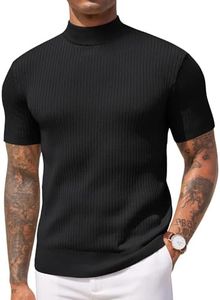 COOFANDY Men's Mock Turtleneck Sweater Short Sleeve Casual Basic Tops Ribbed Knit Pullover Solid Tee, All Black