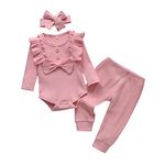 Newborn Baby Girl Outfits Clothes Set Infant Long Sleeve Romper and Pant Bow Headband 3pcs Pink Newborn