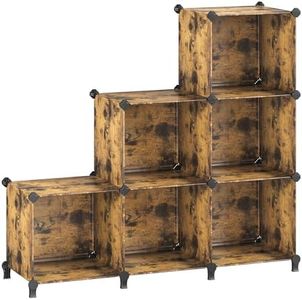 SONGMICS 6 Cube Storage Organizer, DIY Closet Shelf, Plastic Clothes Organizer, Modular Bookcase, 14.6 x 13 x 13 Inch Cubes, with Feet and Rubber Mallet, Rustic Brown ULPC206A01