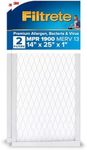 Filtrete 14x25x1 AC Furnace Air Filter, MERV 13, MPR 1900, Premium Allergen, Bacteria & Virus Filter, 3-Month Pleated 1-Inch Electrostatic Air Cleaning Filter, 2-Pack (Actual Size 13.81x24.81x0.78 in)