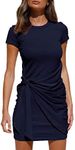 LILLUSORY Women's Casual Short Sleeve Dress T Shirt Bodycon Wrap Ruched Tie Waist Mini Summer Night Out Dress, Navy Blue, Large