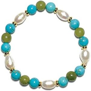 Joyfulmuze Real Turquoise Serpentine and Pearl Stretch Bracelet, Natural Blue Green Round Gemstone and Freshwater White Gem, Handmade Spiritual Jewelry for Women Men (Turquoise -Serpentinite-Pearl)