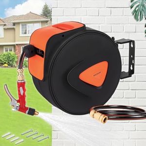 Bestsoon 30M Retractable Garden Hose Reel, Heavy Duty Wall Mounted Water Hose Reel with High-Pressure Brass Spray Nozzle, Any Length Lock, Auto-Rewind, 180° Swivel Bracket, for Watering and Cleaning