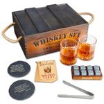 Whiskey Stones Gift Set for Men | Whiskey Glass and Stones Set with Rustic Dark Wood Crate, 8 Granite Whiskey Rock Chilling Stones, 10oz Whiskey Glasses | Whiskey Gift For Men, Dad, Husband, Boyfriend