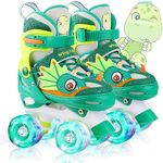 Dino Kids Toddler Roller Skates for Boys Girls,WESKIFAN Dinosaur Quad Skating Shoes with Shiny Light up Wheels&Adjustable Sizes Beginners rollerskates for Birthday Xmas Gifts (Green, S(10~13J))