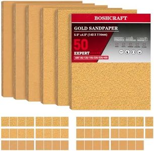BOSHCRAFT 50 Pcs 1/4 Sheet Sand Paper 5.5" x 4.5" – 80/150/320/400 Grit 8 Sheets Each, 120/220 Grit 9 Sheets Each, Premium Aluminum Oxide Sandpaper Assortment for Wood Metal Automotive Palm Sanders