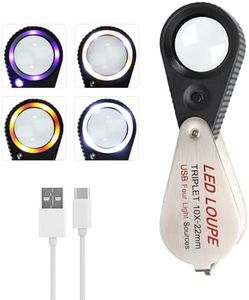 10X Rechargeable Jewelers Loupe, Jewelry Loupe with UV & LED Light, Foldable Hasting Triplet Magnifier, Illuminated Eye Loop Jewelry Magnifying Glass for Gemstone, Coins and Stamps(4 Lights Mode)