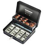 Cash Box with Lock and Money Tray - Tomekji Durable Metal Large Money Box 11.8"L x 9.5"W x 3.5"H - 5 Compartment Tray 4 Spring Loaded, Come with 2 Key, Black