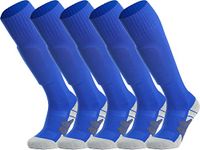 APTESOL Youth Soccer Socks Knee High Team Sport Cushion Sock Women Men Long Tube Cotton Athletic Compression Socks (5-Pair Blue-A,Large)