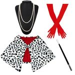 Halloween Women Costume Accessories Set, ATAYOU Long Red Gloves, White Black Dotted Shawl, Cosplay Holder and Pearl Necklace