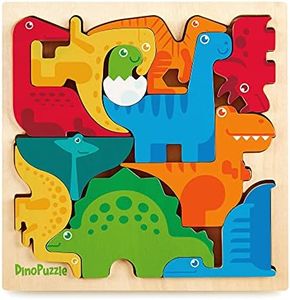 Dinosaur Puzzle 3D Wood Jigsaw for Toddlers & Kids Age 3 +, 9”x 9” x .5”, Bright Colorful Shape Sorting, Promotes Play Imagination Creativity & Learning, Non Toxic, Super Fun Gift