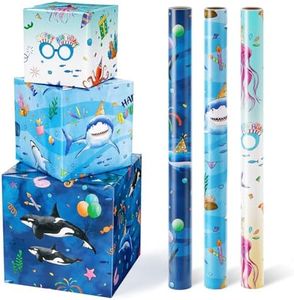 WERNNSAI Ocean Wrapping Paper Rolls - 3 Short Rolls Birthday Wrapping Paper Rolls Sperm Whale Gift Wrap Paper Kids Wrapping Paper Rolls Under The Sea Wrapping Paper with Cut Lines 17 in x 10 ft