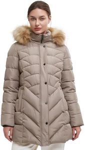 BINACL Women's Thickened Down Alternative Jacket, Snowboard Skiing Parka Puffer Tunnel Collar Elastic Neck Cotton Padding Slide Water-Resistant Outwear Jacket with Fur Trim Removable Hood (Khaki,L)