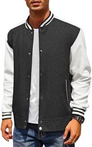 COOFANDY Grey Varsity Jacket Men Fleece Letterman Jacket Wool Bomber Jacket Fashion Trendy Jackets Button Up