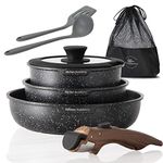 Kitchen Academy Non Stick Pots and Pans Set, Detachable Handle Induction Hob Pans Set,10 Piece Black Granite Cookware Set with Removable Handle Stackable RV Camp Cookware