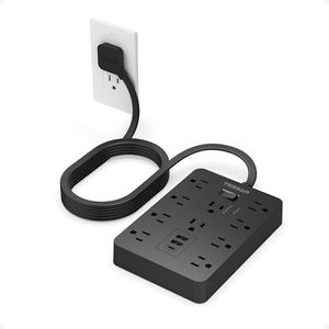 Surge Protector Extension Cord 10 Ft Black, TESSAN Flat Plug Power Strip with 10 Wide-Spaced AC Outlets and 3 USB Ports, 1875W/15A, 1700J Protection, Wall Mount Outlet Strip for Home, Office, School