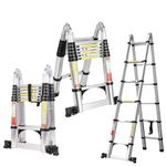 FEETE 12.5FT A Frame Telescoping Ladder, Extension Ladder w/Balance Bar & Wheels, Retractable Ladder A Frame, 330lbs Capacity Collapsible Ladder, A Frame Expandable Telescopic Ladder for Home, Outdoor