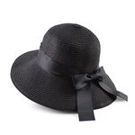 PESAAT Women Summer Straw Hat Bowknot Beach Caps Wide Brim Foldable Sun Hats (Black, Adult)