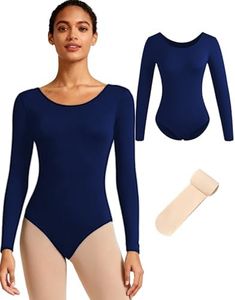 Vavewee Women Navy Blue Ballet Leotard with Tights for Dance Adult S-XXL Long Sleeve Dancewear(LW4028-14-XL)