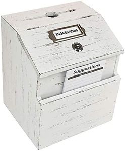 Excello Global Products Rustic White Suggestion Box with Lock: Wooden Ballot Comment Box, Wall Mounted or Freestanding. Includes Printed Labels & Suggestion Pads Cards