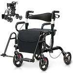 GOFLAME 2-in-1 Rollator Walker for Seniors, Folding Transport Chair with Seat, Reversible Backrest, Storage Bag, Height Adjustable Handle, Umbrella Holder & Pedal, 4 Wheel Mobility Walking Aid, Black