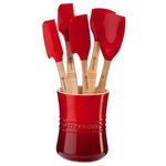 Le Creuset Revolution 6-Piece Silicone Kitchen Set with Wooden Hand and 1 Stoneware Utensil Crock - Cerise