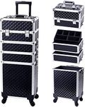 Adson Professional 4 in 1 Jumbo Vanity for Multi Function Artist Rolling Trolley Makeup Beauty Train Case Cosmetic Organizer(Diamond Black)