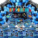 Video Game Party Supplies, Video Game Theme Decorations Including Plate, Napkin, Cup, Gamer Party Tablecover, Happy Birthday Backdrop, Gaming Balloon Arch Kit for for Boys Men, Serves 20