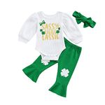 Loalirando Toddler Girl St Patricks Day Outfits St. Patrick’ s Day Long Sleeve Letter Romper Clover Bell Bottoms Pants Headband Clothes Set (Green, 6-12 Months)