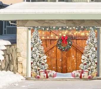 Whaline Rustic Christmas Garage Door Cover 7 x 9 Ft Wood Texture Board Door Cover Large Yard Sign for Xmas Indoor Outdoor House Wall Party Decor