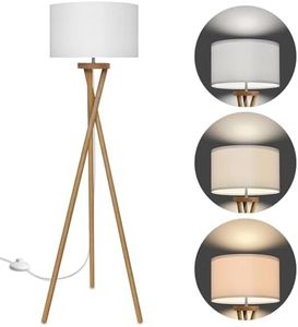 BBHome Lámpara de Pie Salón Madera, Lámpara de Pie Escandinava con Bombilla LED E27 9W, Lámpara de Pie Pantalla Blanca, Lámpara de Pie Trípode para Salón, Dormitorio, Estudio y Oficina