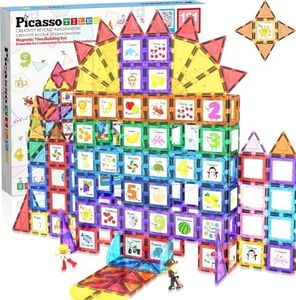 PicassoTiles 121 pc Master Builder Magnetic Building Block Construction Set Magnet Tiles Blocks with Car Truck, 2 Character Action Figures, 28 Educational Alphabet Animal and Number Graphics, Windmill