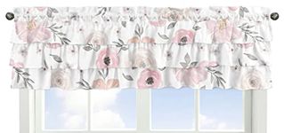 Sweet Jojo Designs Pink and Grey Watercolor Floral Window Treatment Valance - Blush, Gray and White Shabby Chic Rose Flower Tiered Ruffles Ruffled