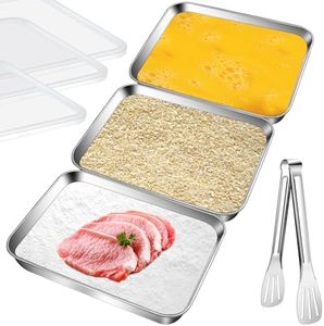 Aemygo 3 Set Stainless Steel Breading Trays Set with Lids, Dust Proof Breading Pans with Tong for Dredging Chicken Breasts，Marinating Meat, Food Prep Trays Oven & Dishwasher Safe