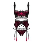 Lovehoney Lingerie Boudoir Belle Cherry Satin & Black Lace Quarter Cup Bra and Crotchless G-String Set - Size 10-12