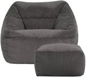 icon Natalia Cord Bean Bag Chair with Footstool, Charcoal Grey, Large Adult Bean Bag with Filling Included, Comfy Chair, Armchair, Living Room, Bedroom Furniture