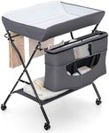 Maxmass Folding Baby Changing Table, Height Adjustable Infant Diaper Care Station with Hanging Rod, Storage Bag, Open Shelf & Lockable Wheels, Portable Newborn Dresser Nappy Changer (Grey)