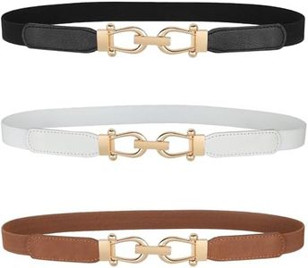 JASGOOD Women Skinny Elastic Belt for Dresses,Thin Retro Stretch Waist Belt with Golden Buckle 3 Pack,Black+Brown+White